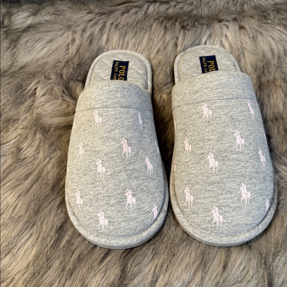 PRICE FIRM Polo Ralph Lauren Summit Scuff Gray Slippers with Pink Size 8 - Picture 4 of 7